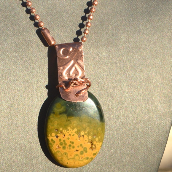 Conceptual Subculture Jewelry - Ocean Jasper Dog Tag Pendant Necklace Copper